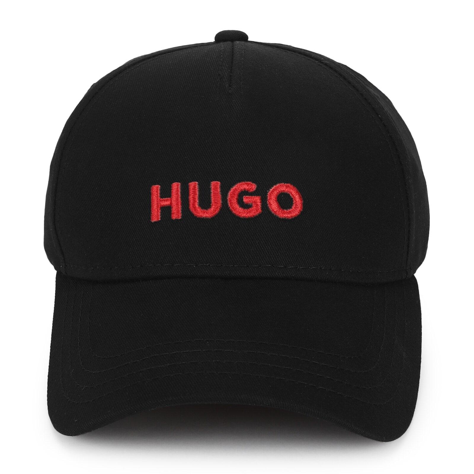 men black cap with red hugo branding