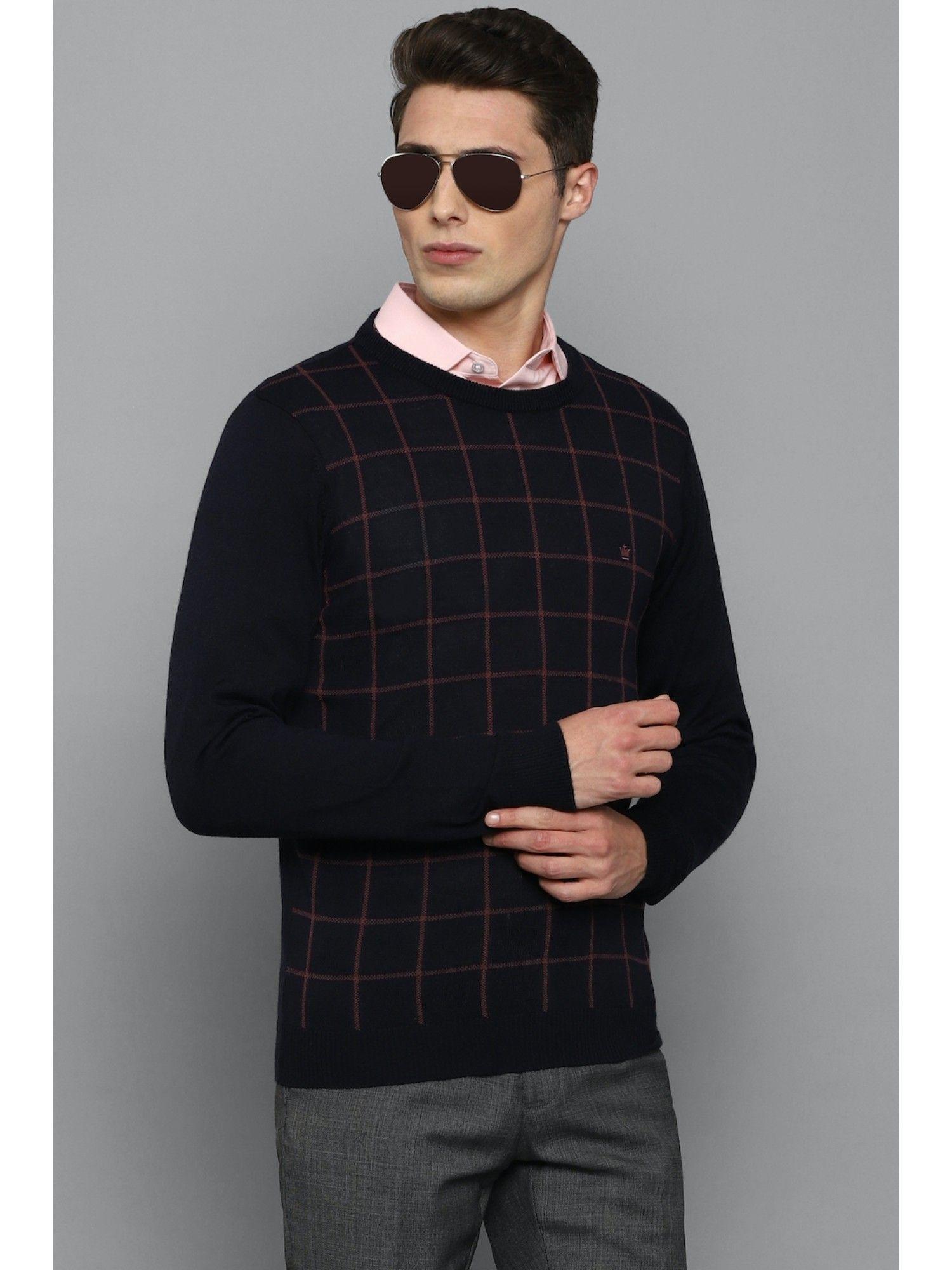 men black check crew neck full sleeves sweater