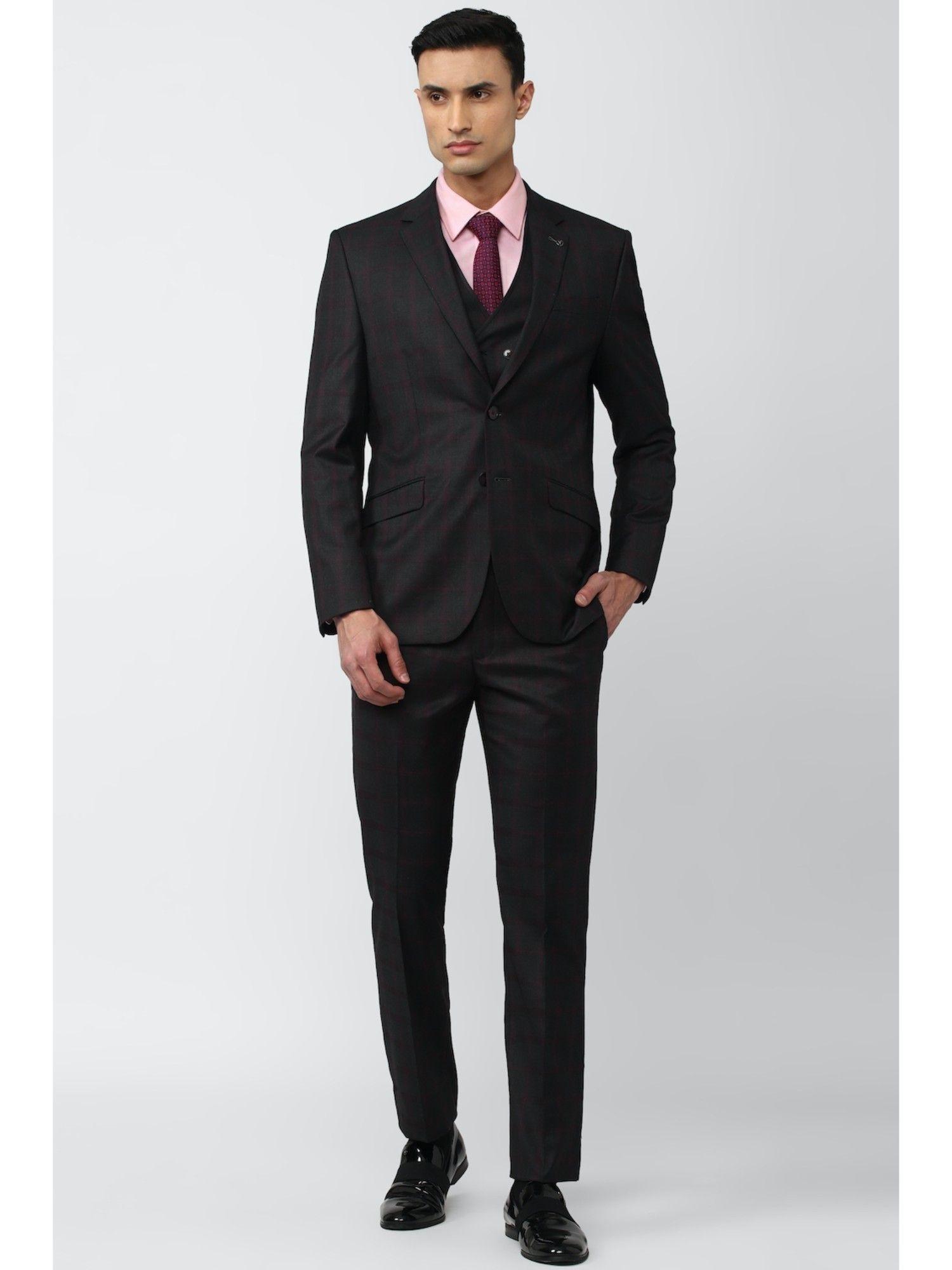 men black check slim fit formal suit (set of 3)