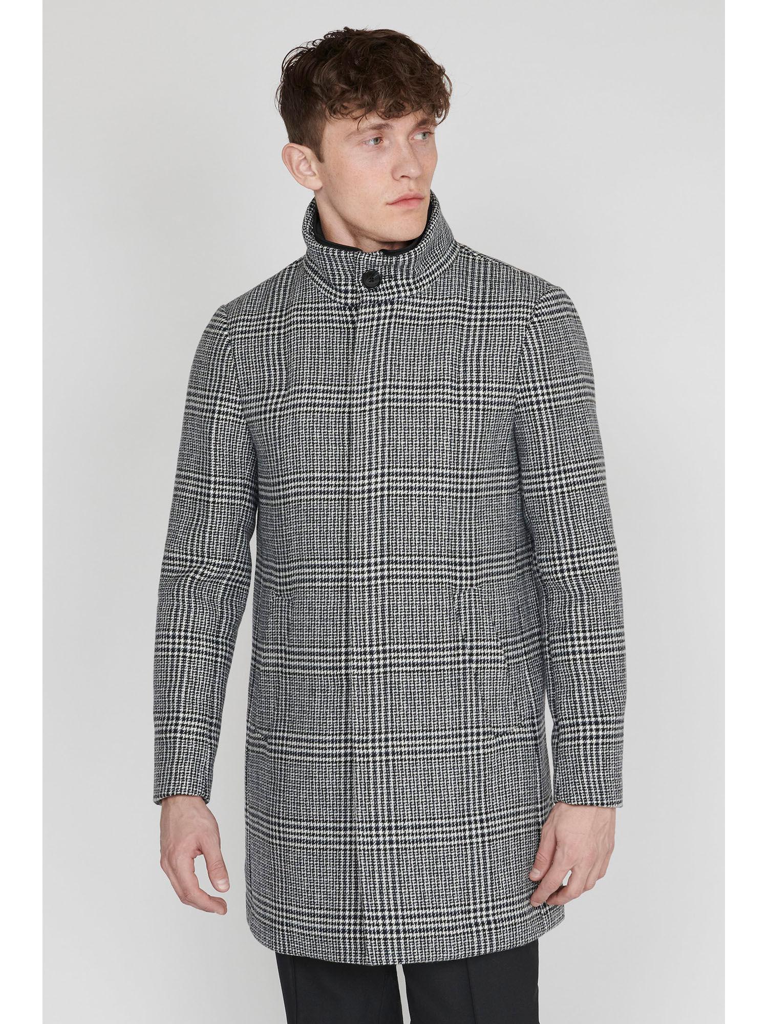 men black checked high stand collar long sleeves overcoat