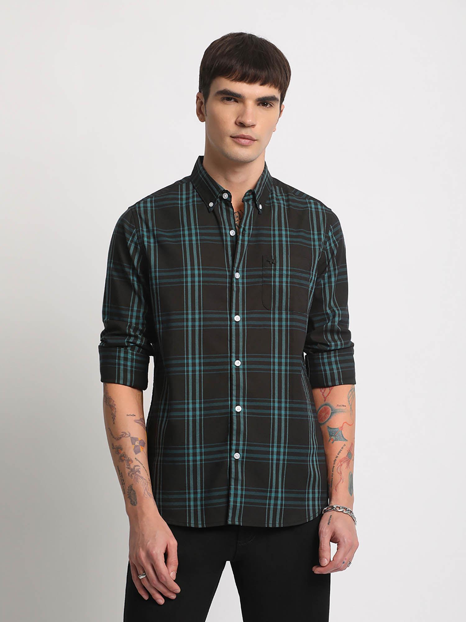 men black checked slim fit cotton casual shirt