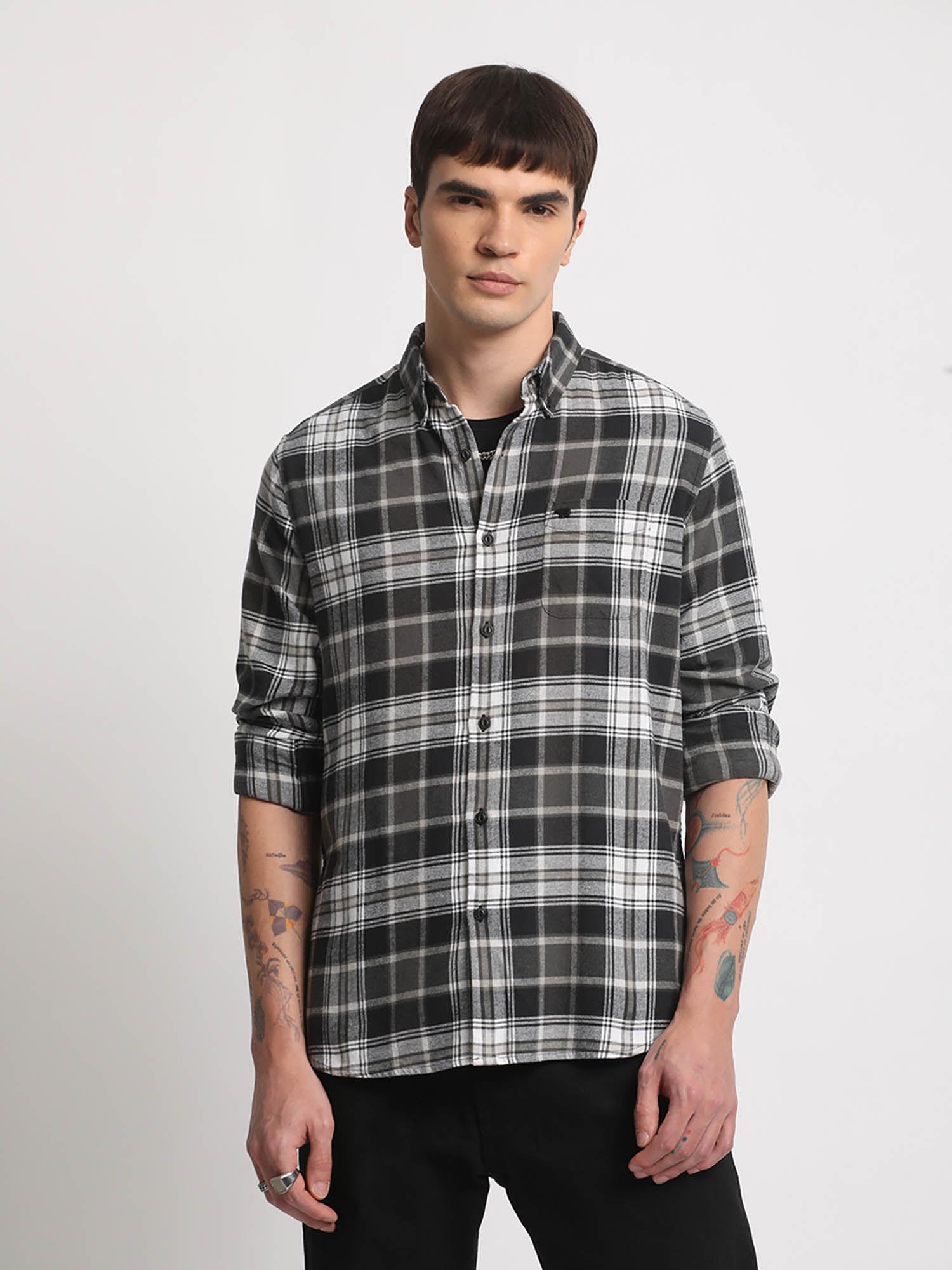 men black checked slim fit flannel cotton casual shirt