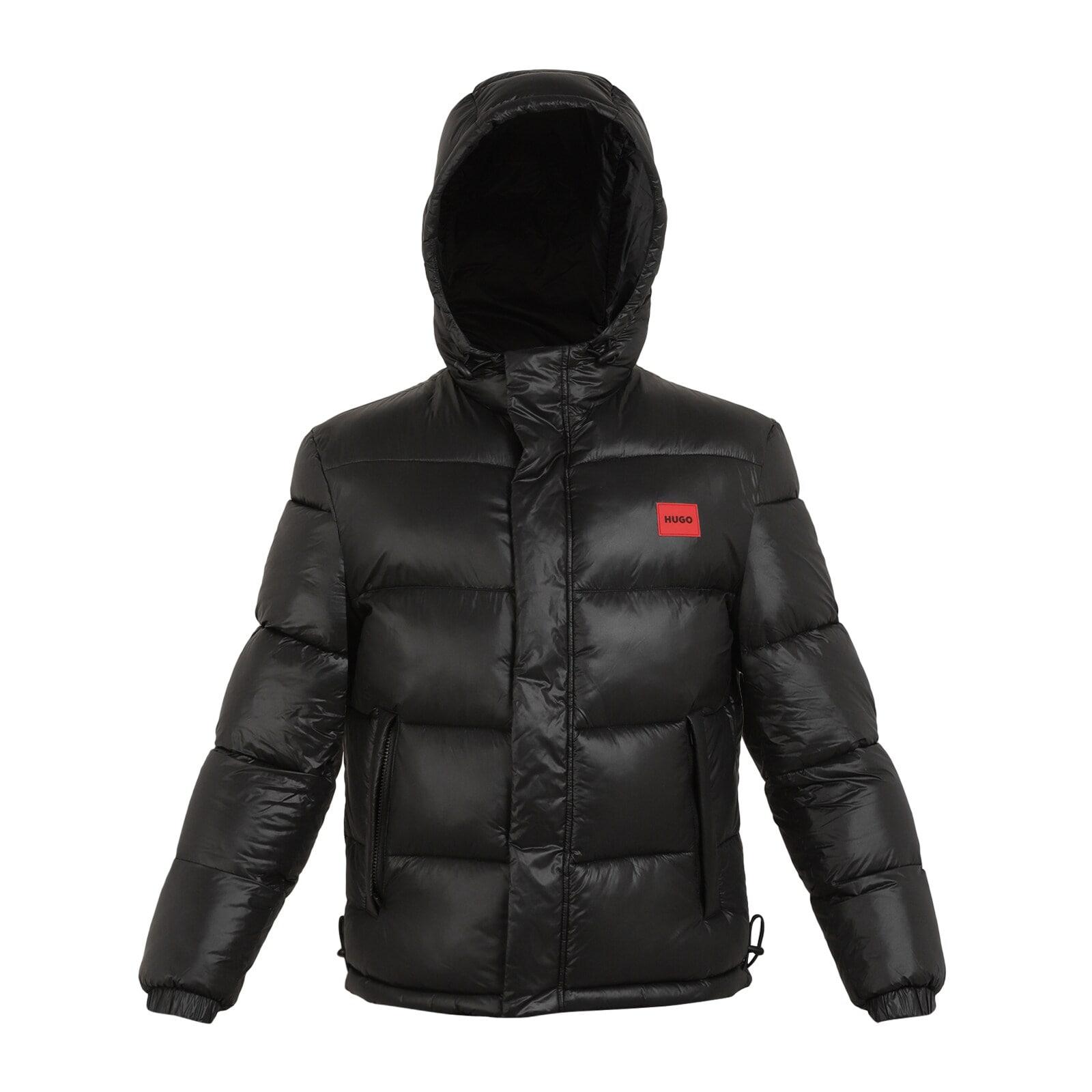 men black chest red patch shiny puffer jacket
