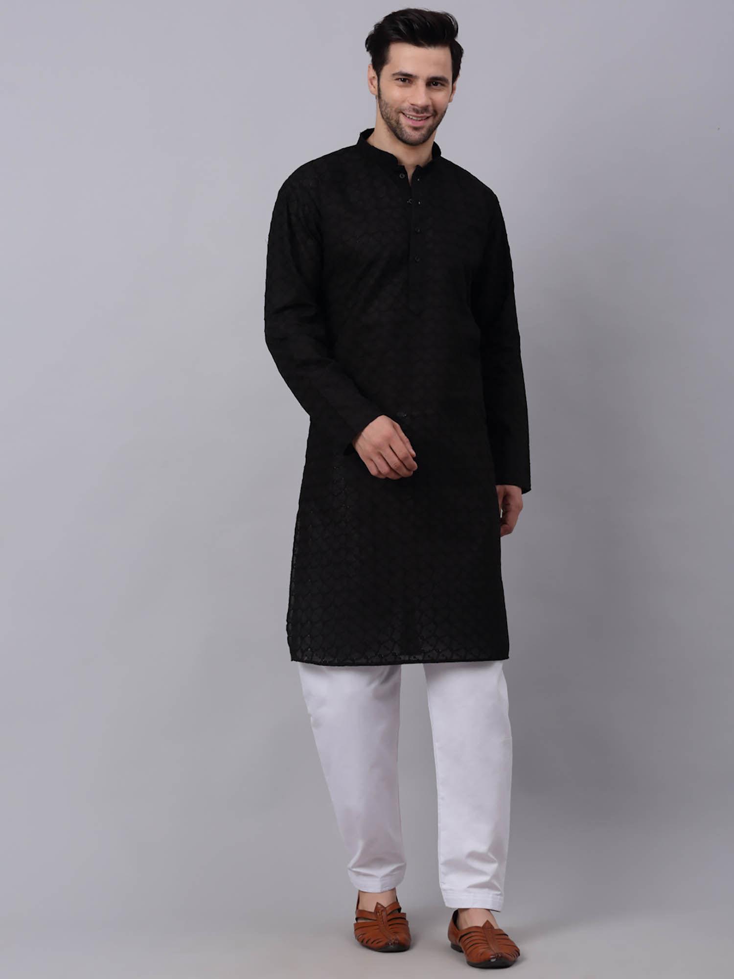 men black chikankari kurta with white trousers (set of 2)