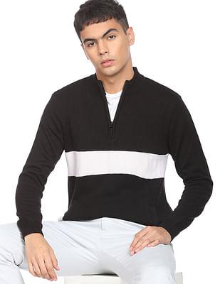 men black colour block high neck acrylic sweater