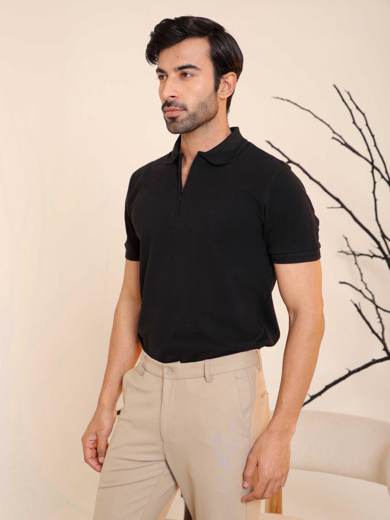 men black comfort fit solid polo t-shirt with hidden zipper