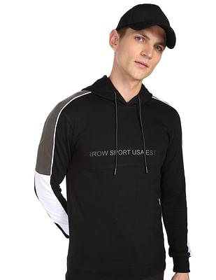 men black contrast panel brand print hooded sweatshirt