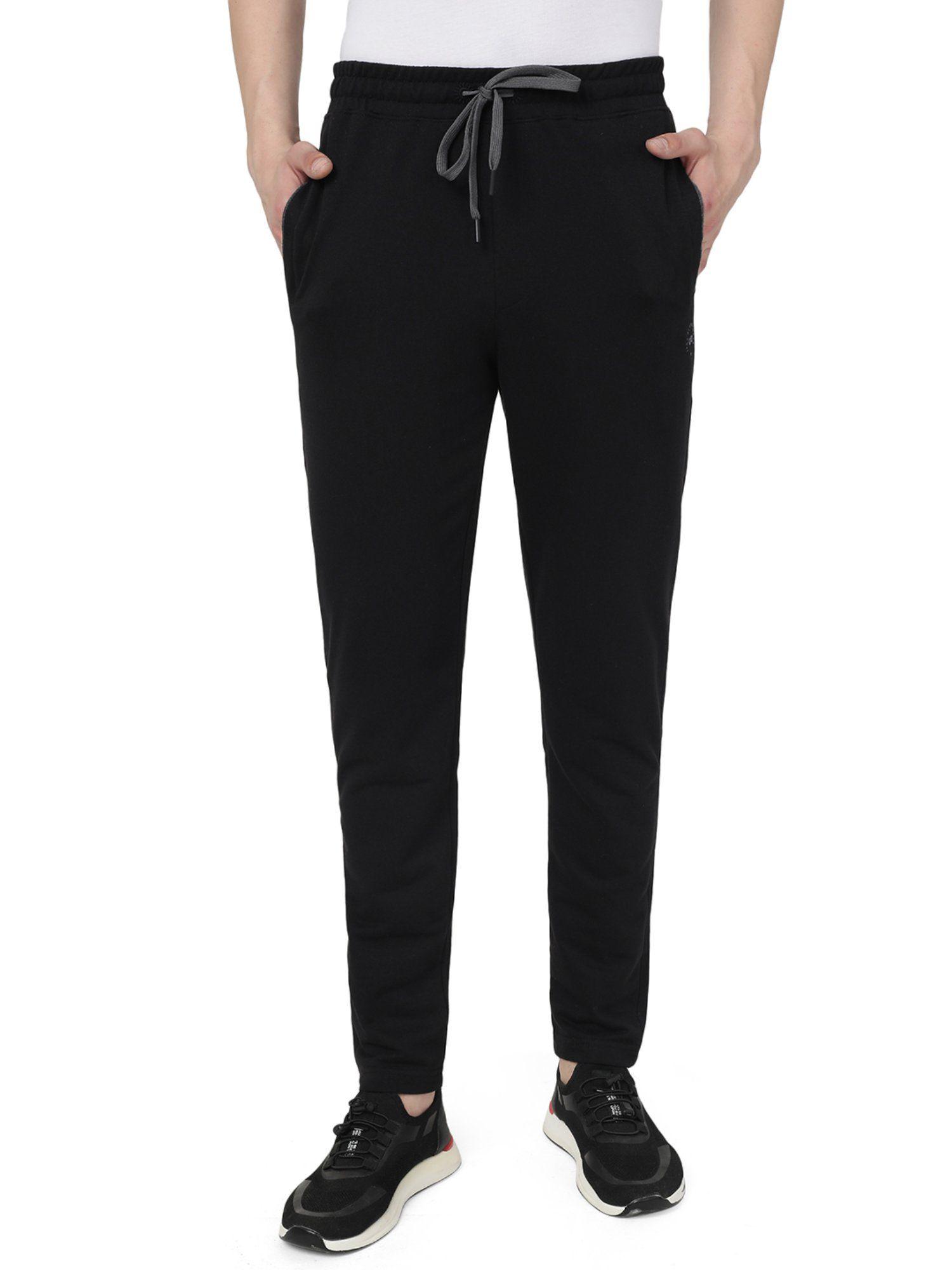 men black cotton blend regular fit solid track pant