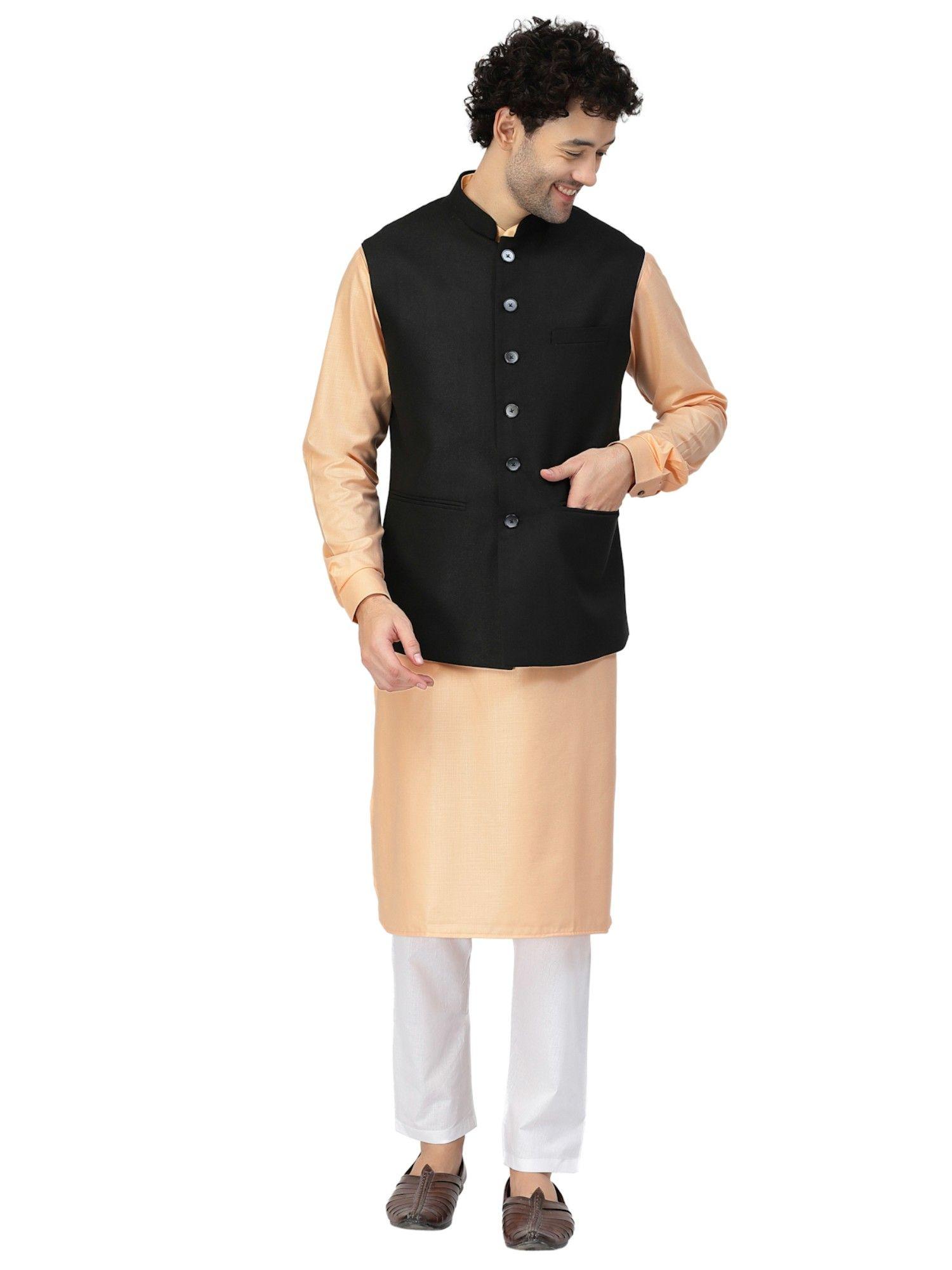 men black cotton jute woven kurta with nehru jacket (set of 3)