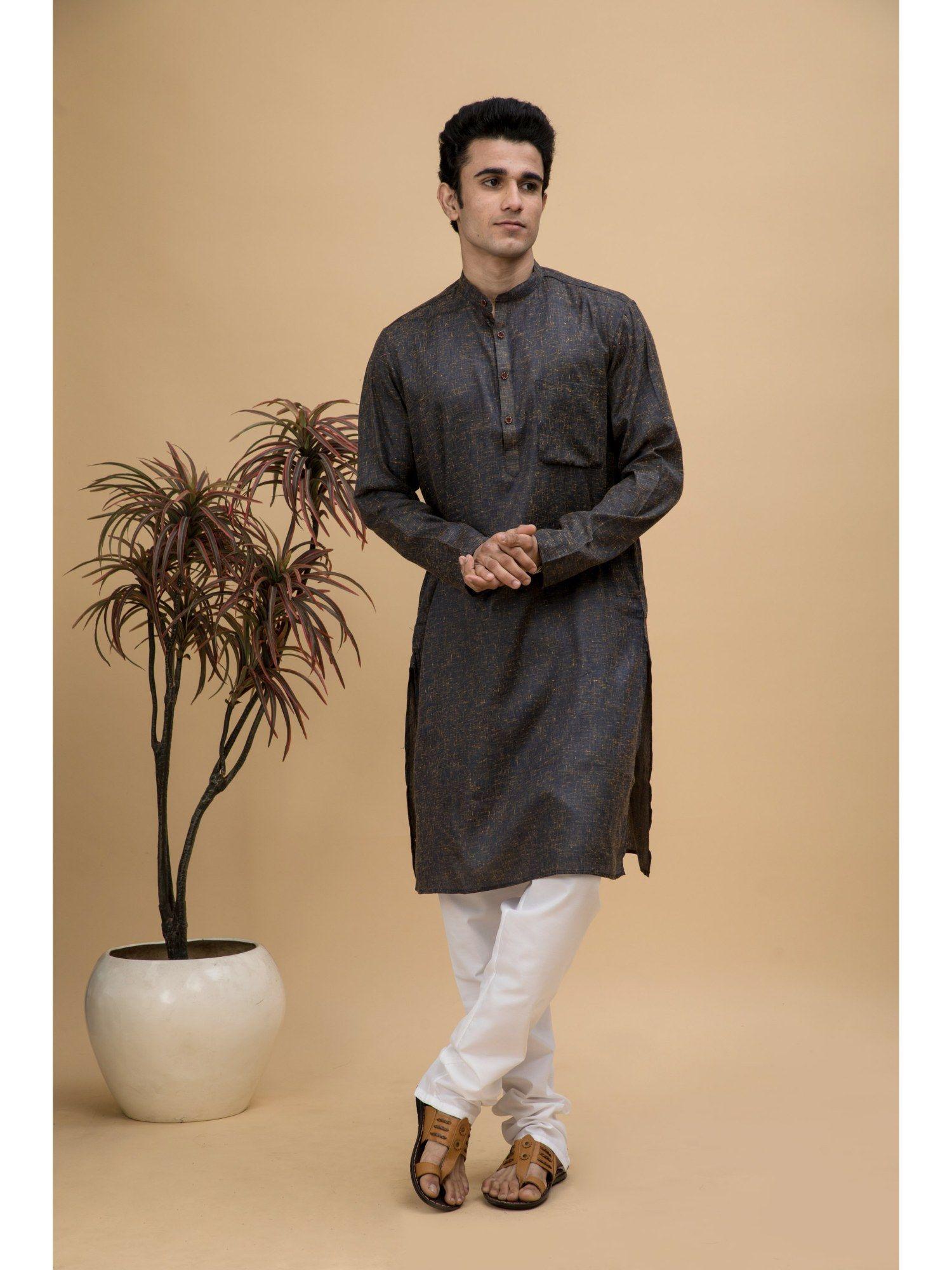 men black cotton linen blend long kurta (set of 2)