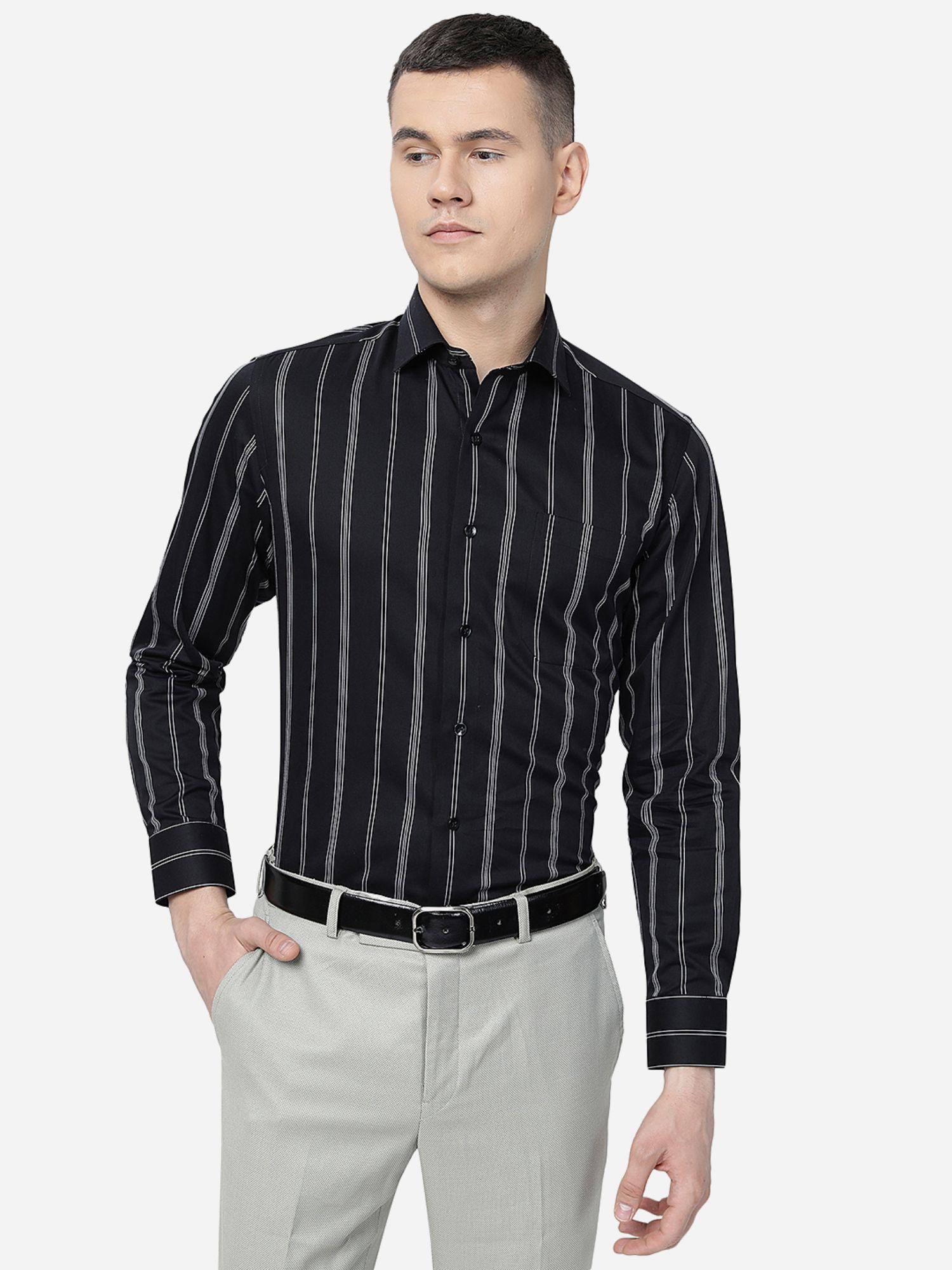 men black cotton slim fit stripes formal shirt