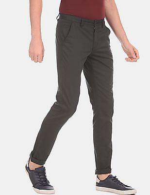 men black cotton stretch mid waist solid casual trousers