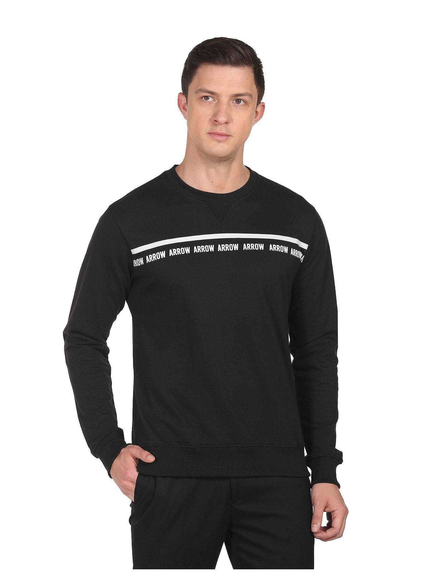 men black crew neck typographic print sweatshirt