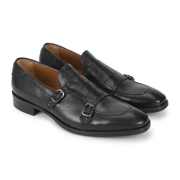 men black croc leather double monk formal shoes