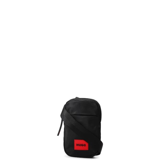 men black crossbody bag with red patch branding