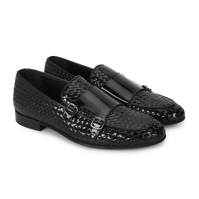 men black double monk patent leather loafers