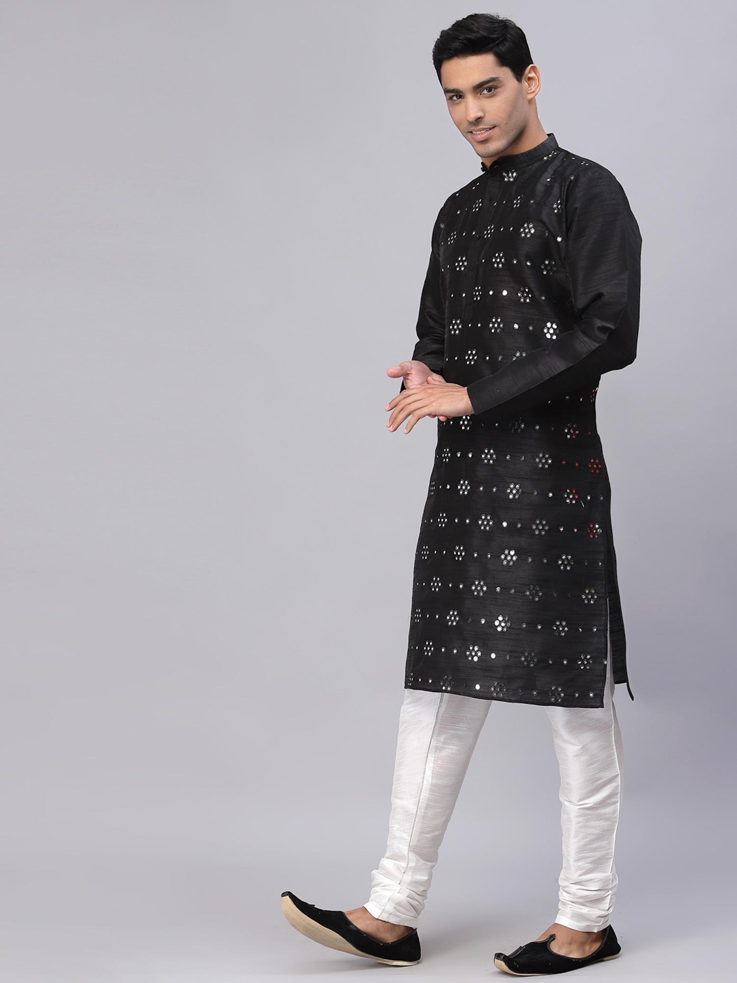 men black dupion silk mirror work straight kurta