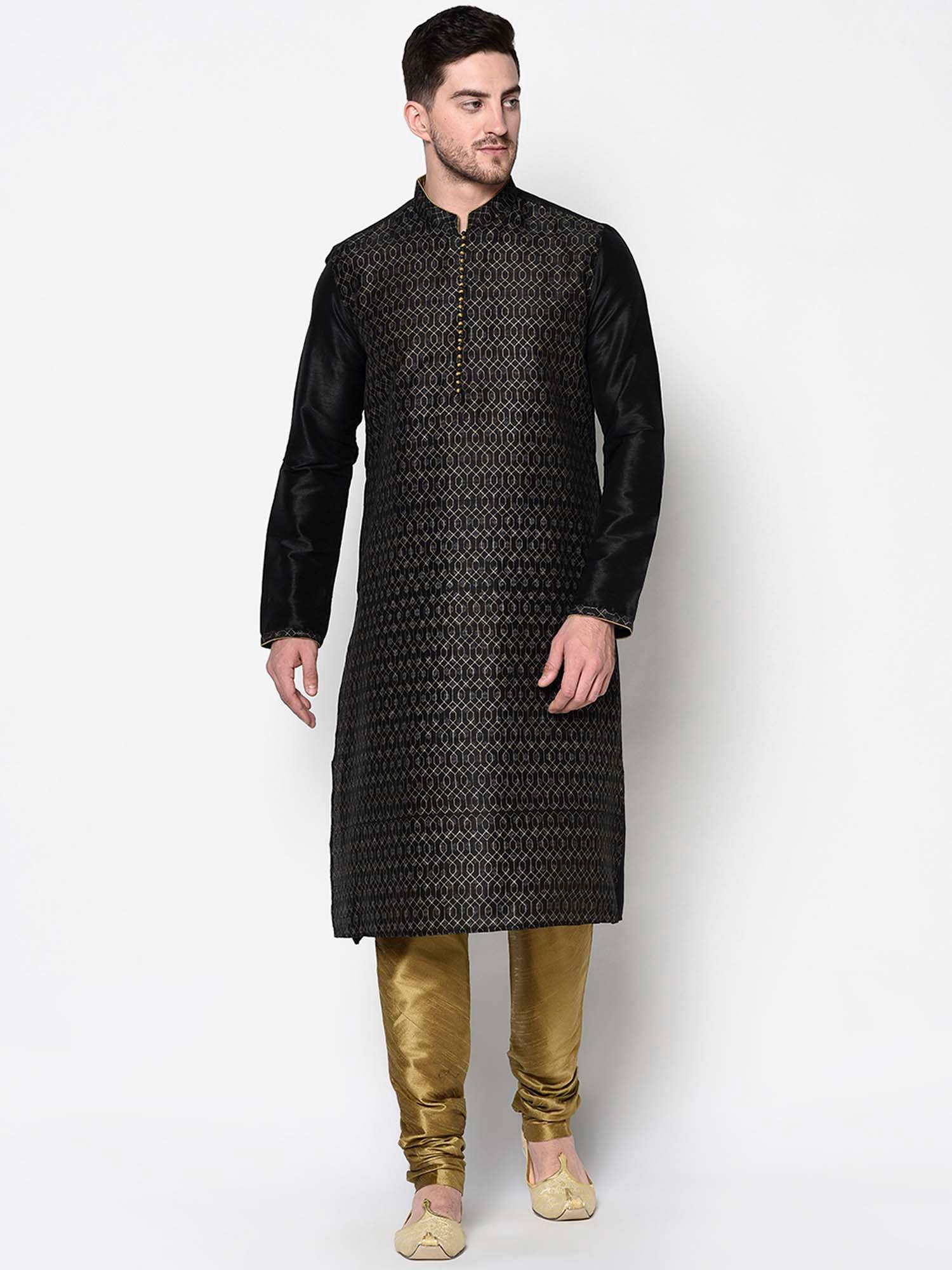 men black embroidered dupion silk kurta with churidar (set of 2)