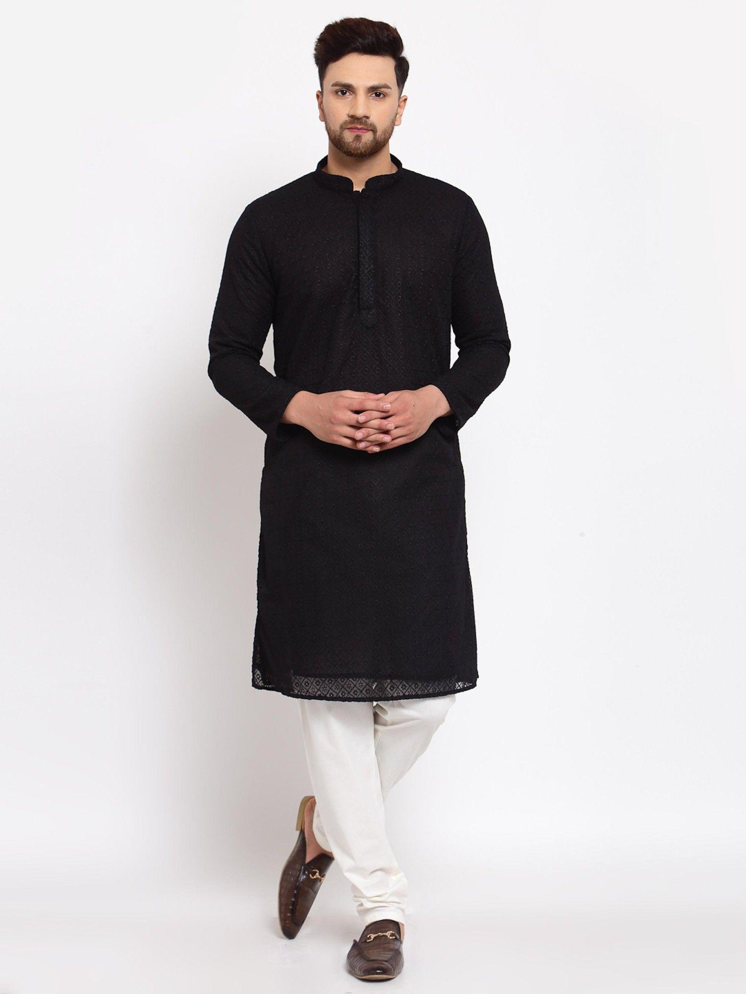 men black embroidered georgette kurta with pyjama (set of 2)