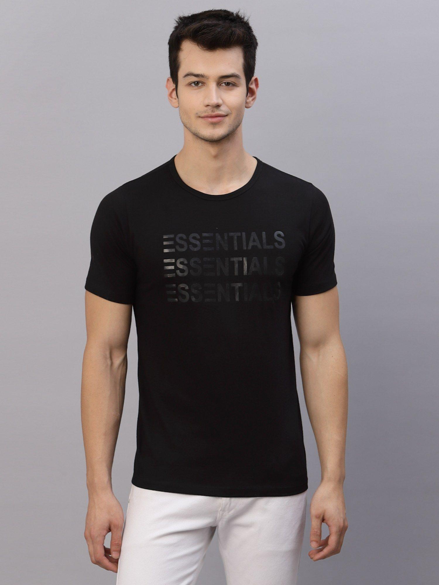 men black essentials printed round neck cotton half sleeve t-shirt