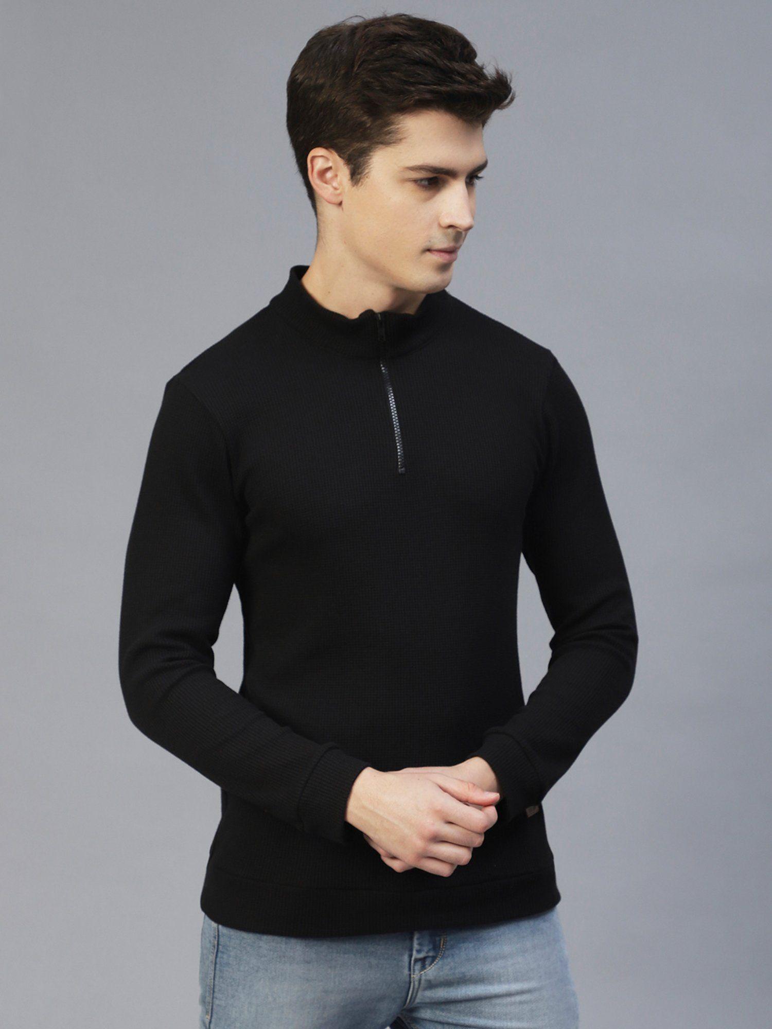 men black henley neck full sleeves waffle knit t-shirt