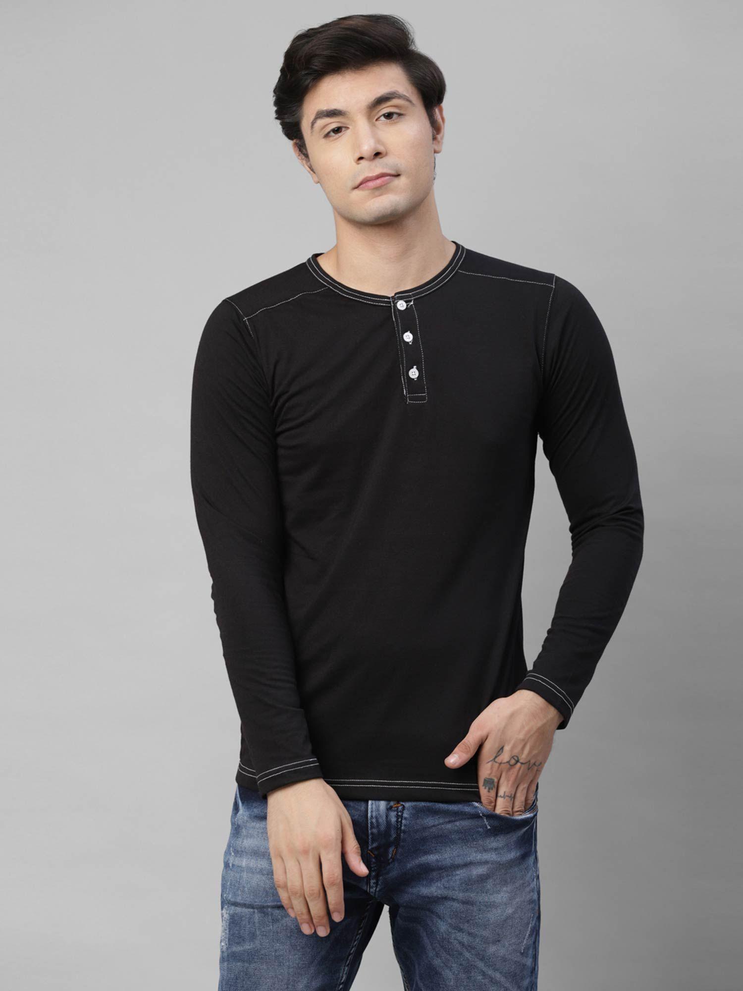 men black henley neck with contrast detailing cotton full sleeve t-shirt