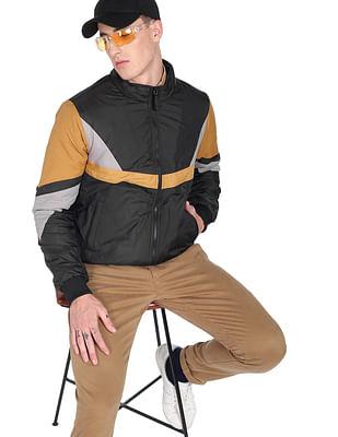 men black high neck colour block padded jacket