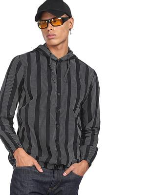 men black hooded vertical striped cotton casual shirt