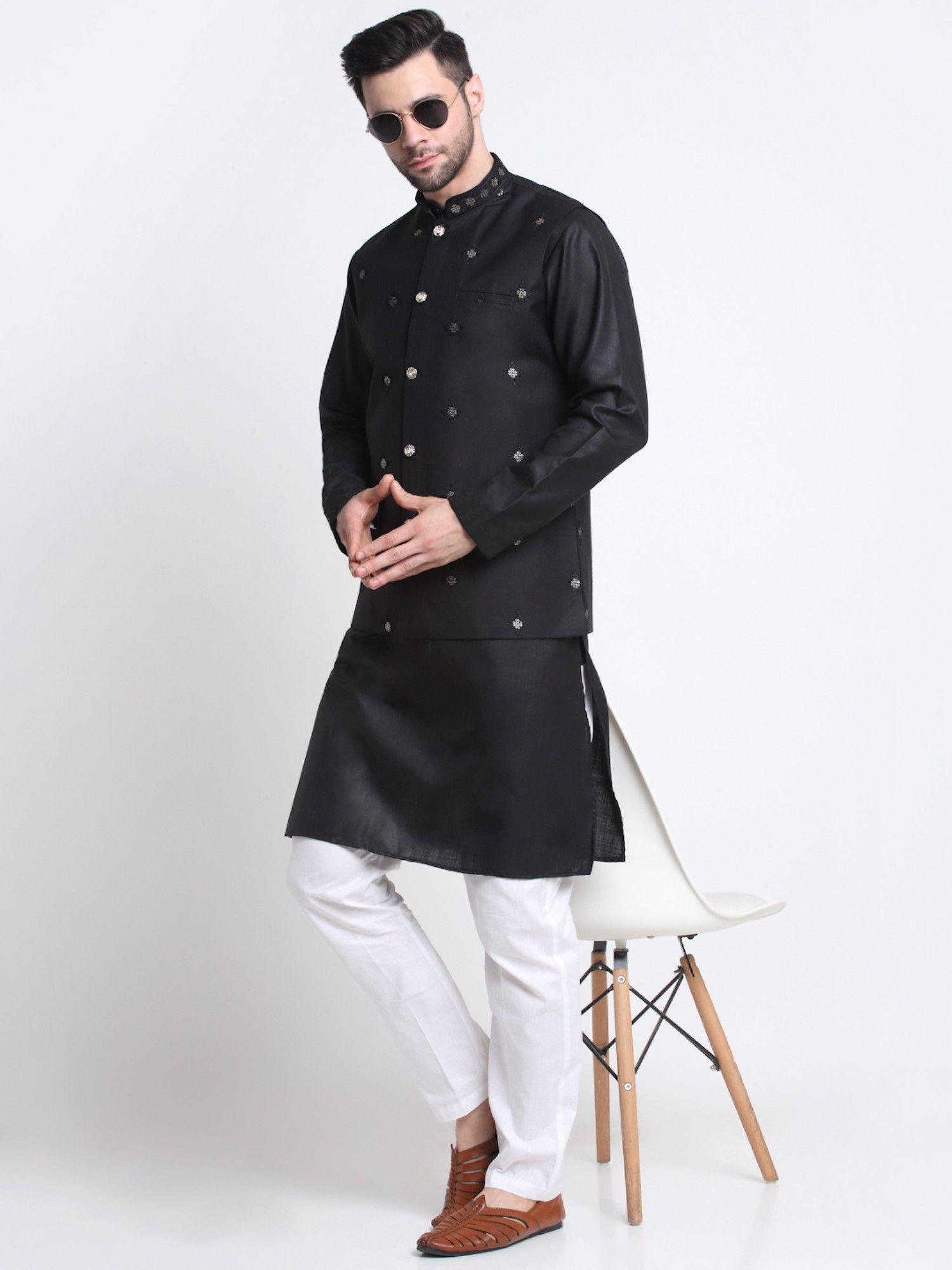 men black kurta & white pyjama with black embroidered sequined nehru jacket (set of 3)