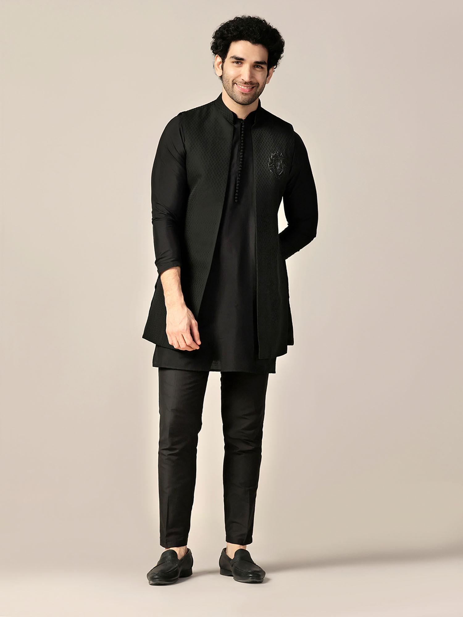 men black kurta and jacket with pant (set of 3)