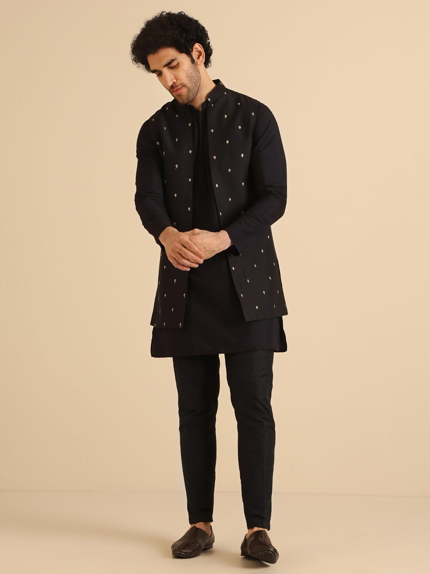 men black kurta and jacket with pant (set of 3)