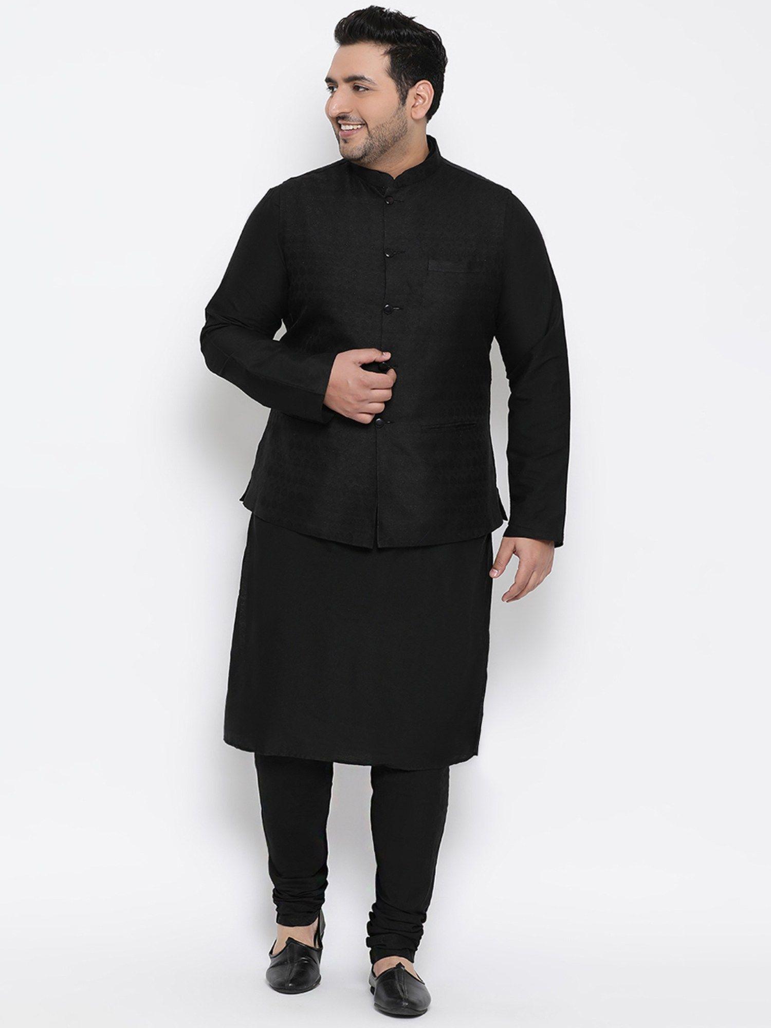 men black kurta jacket churidar (set of 3)