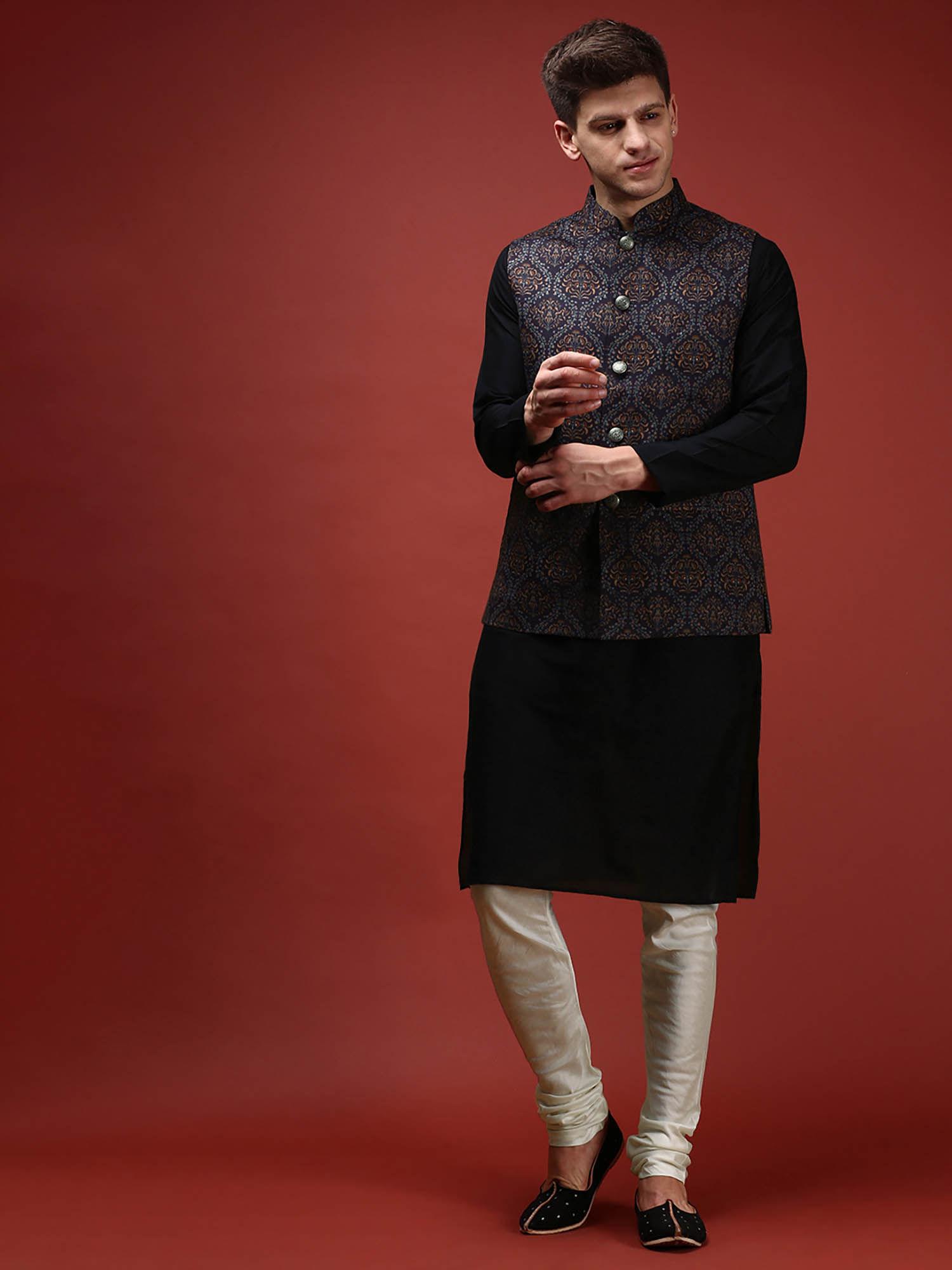 men black kurta jacket churidar set (set of 3)