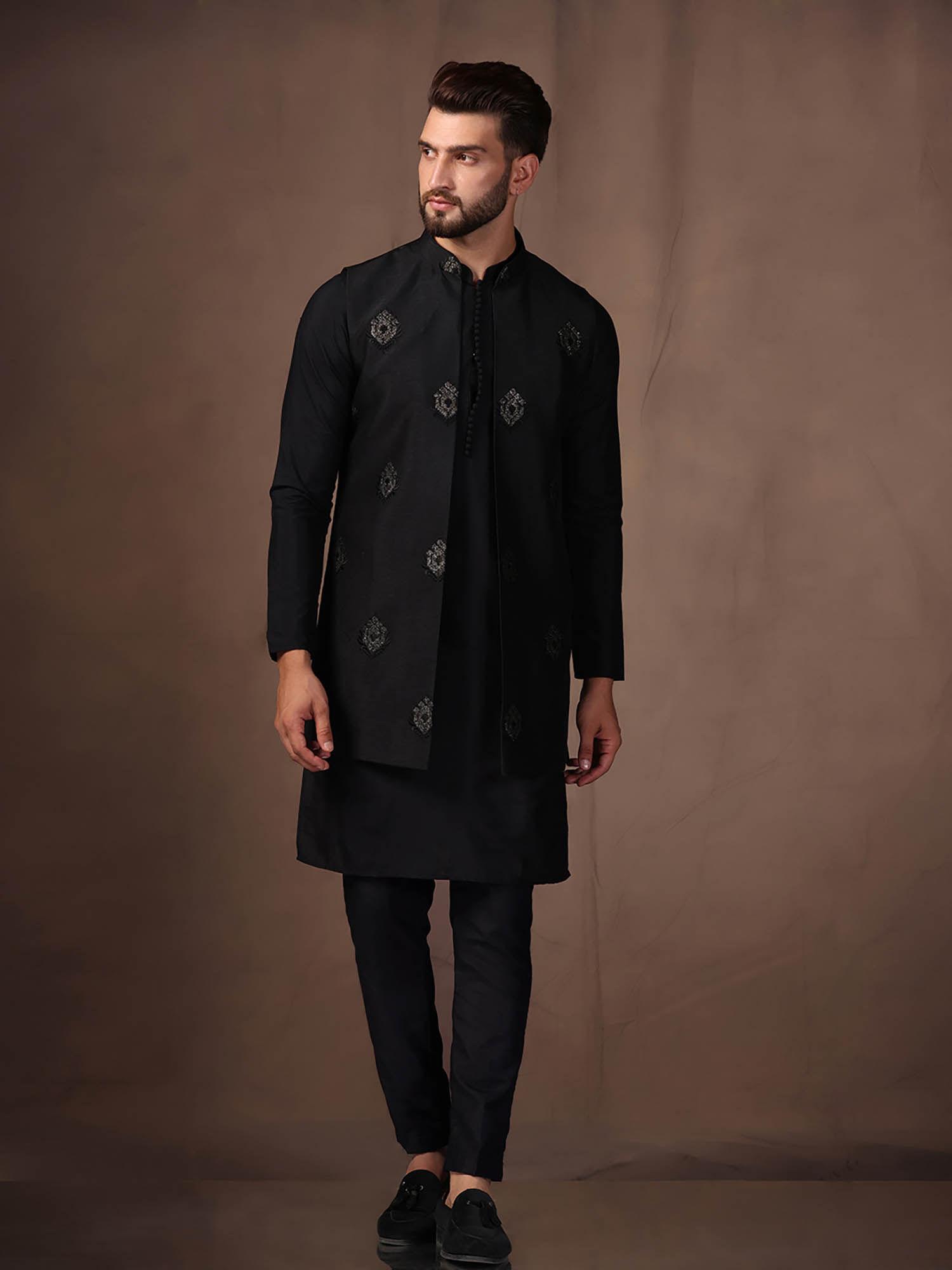 men black kurta jacket trouser set (set of 3)