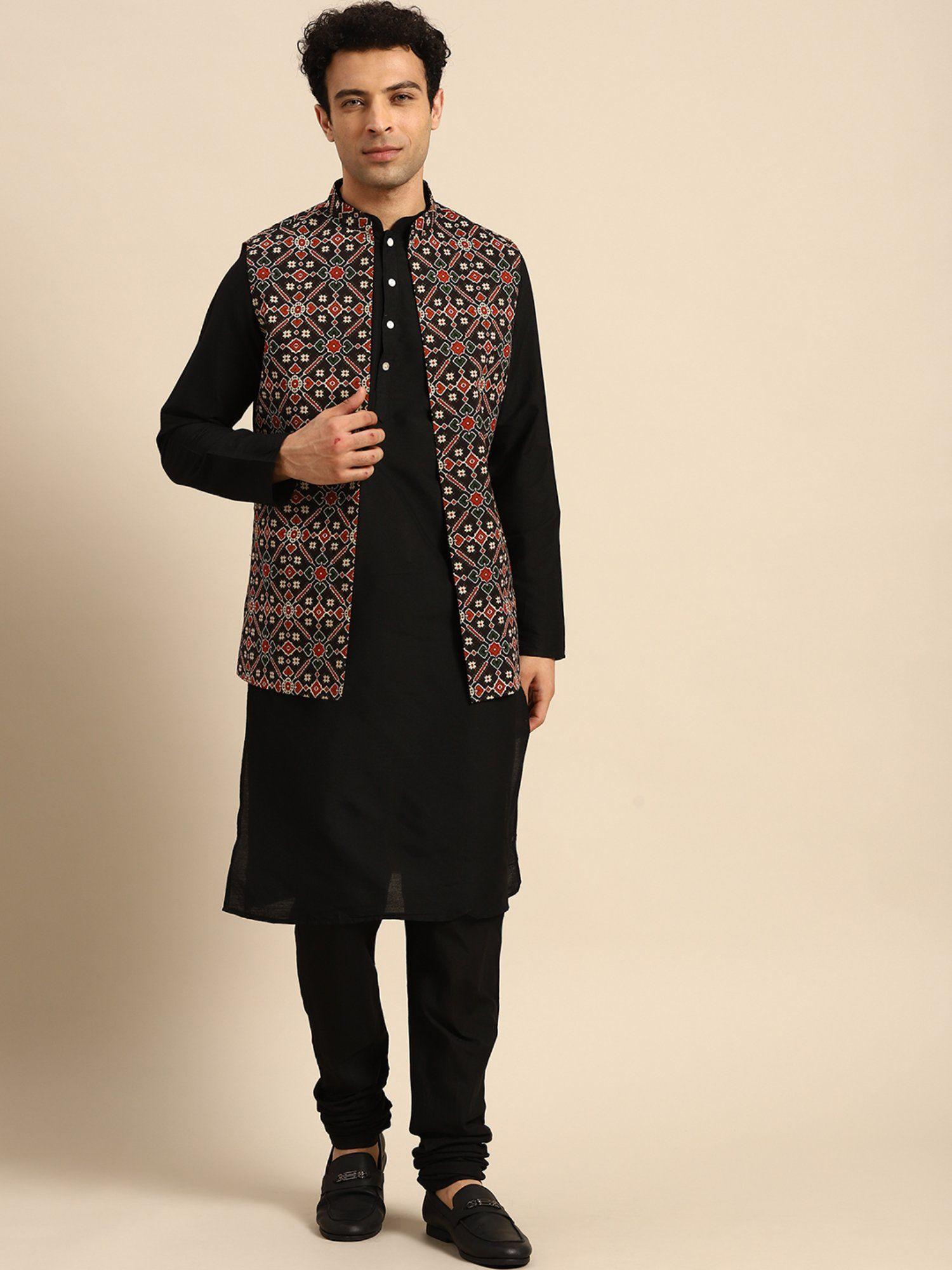 men black kurta nehru jacket churidar (set of 3)