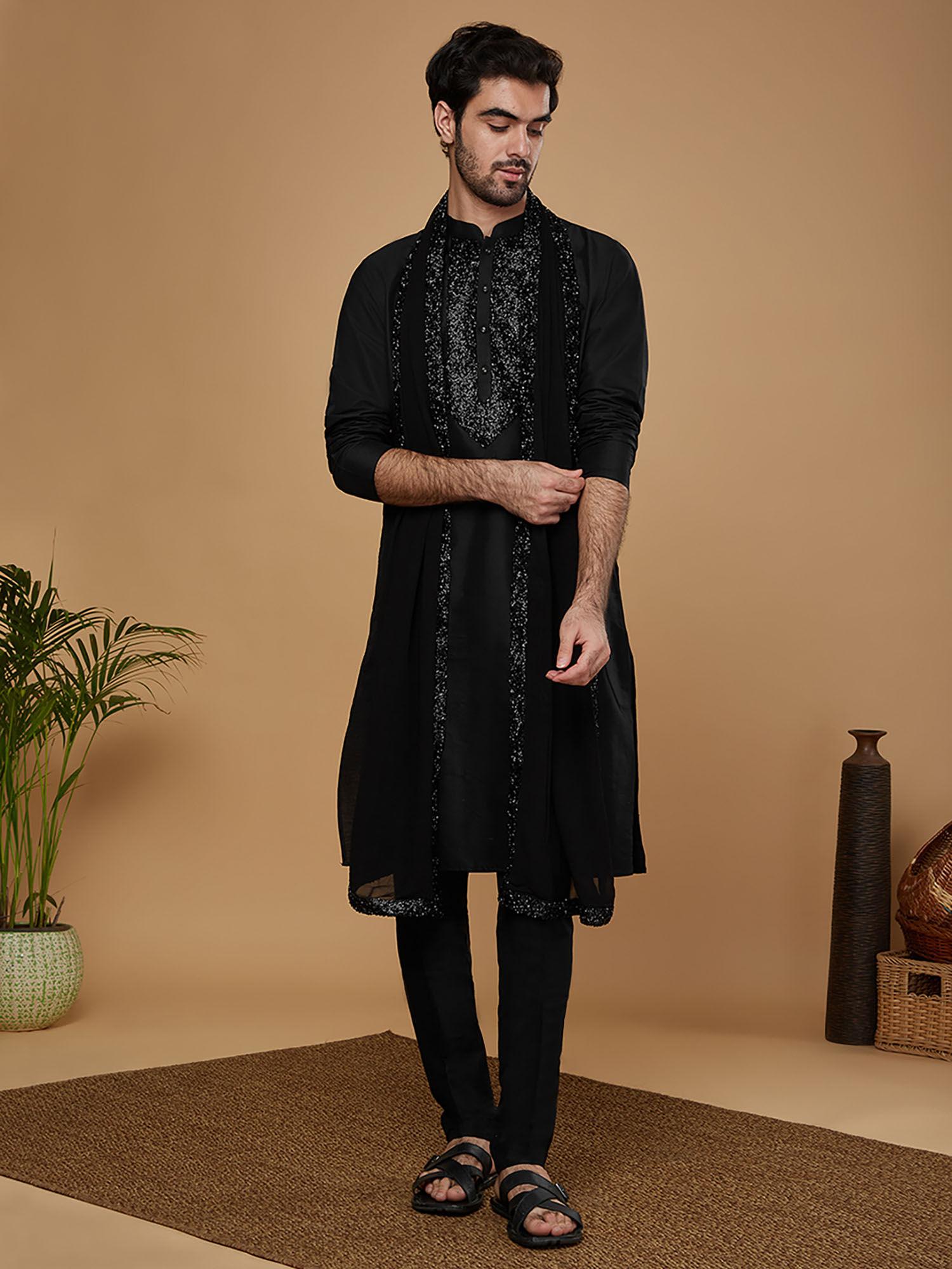 men black kurta trouser with dupatta (set of 3)