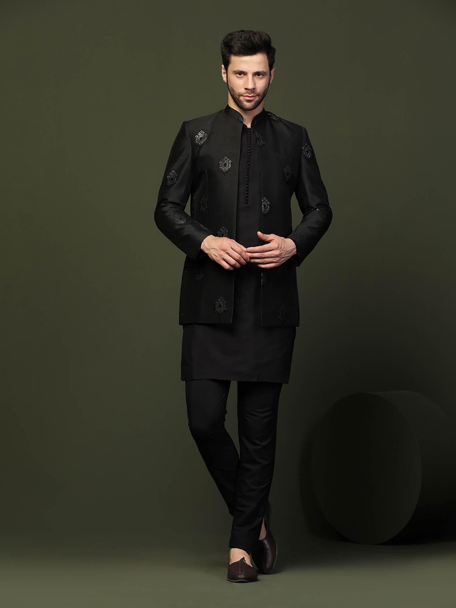 men black kurta with bandhgala and trouser (set of 3)