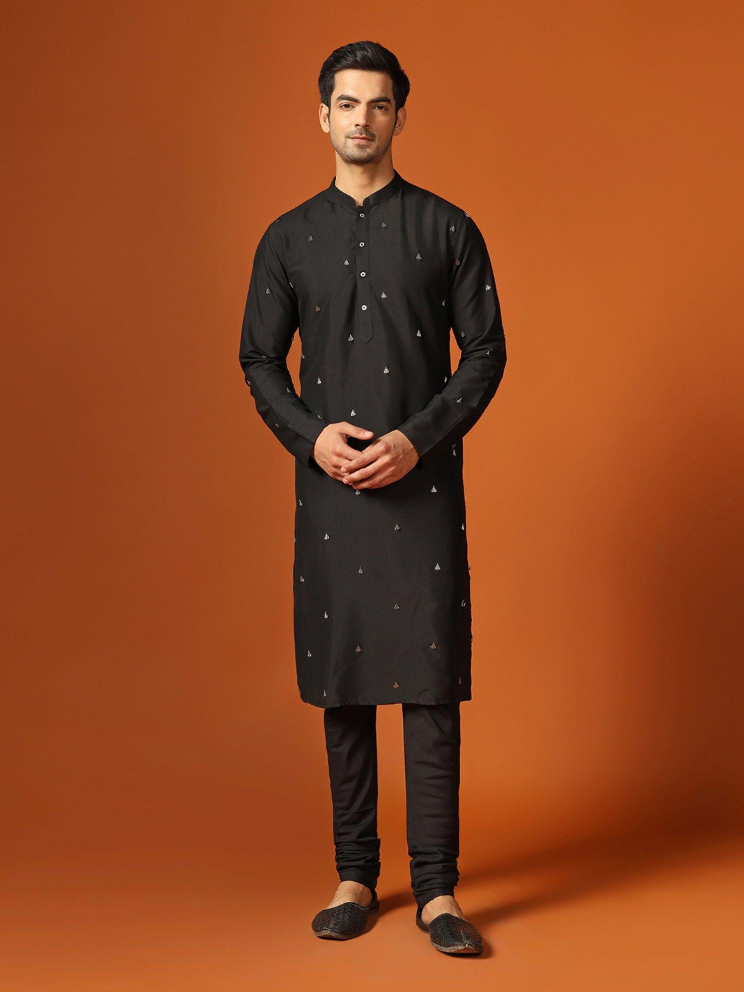 men black kurta with churidar (set of 2)