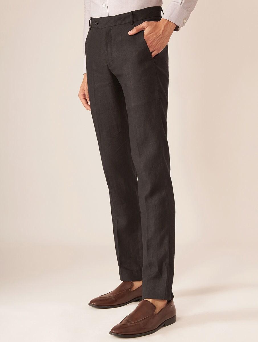 men black linen solid regular regular fit pants