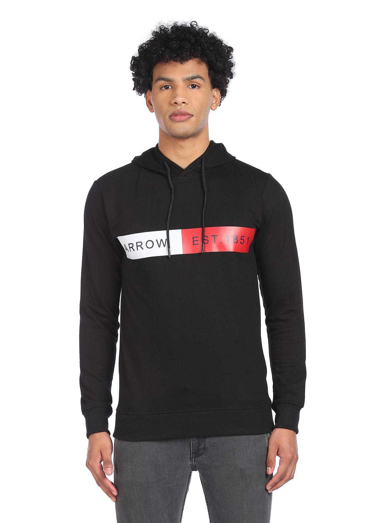 men black long sleeve brand print hood sweatshirt