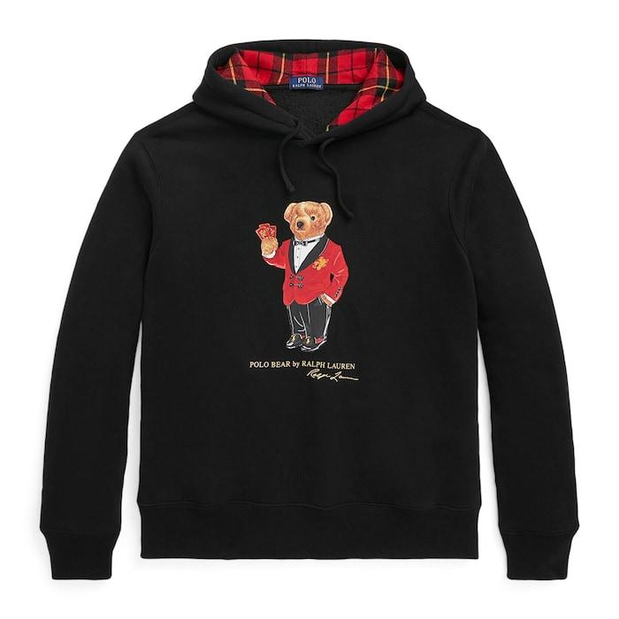 men black lunar new year polo bear fleece hoodie