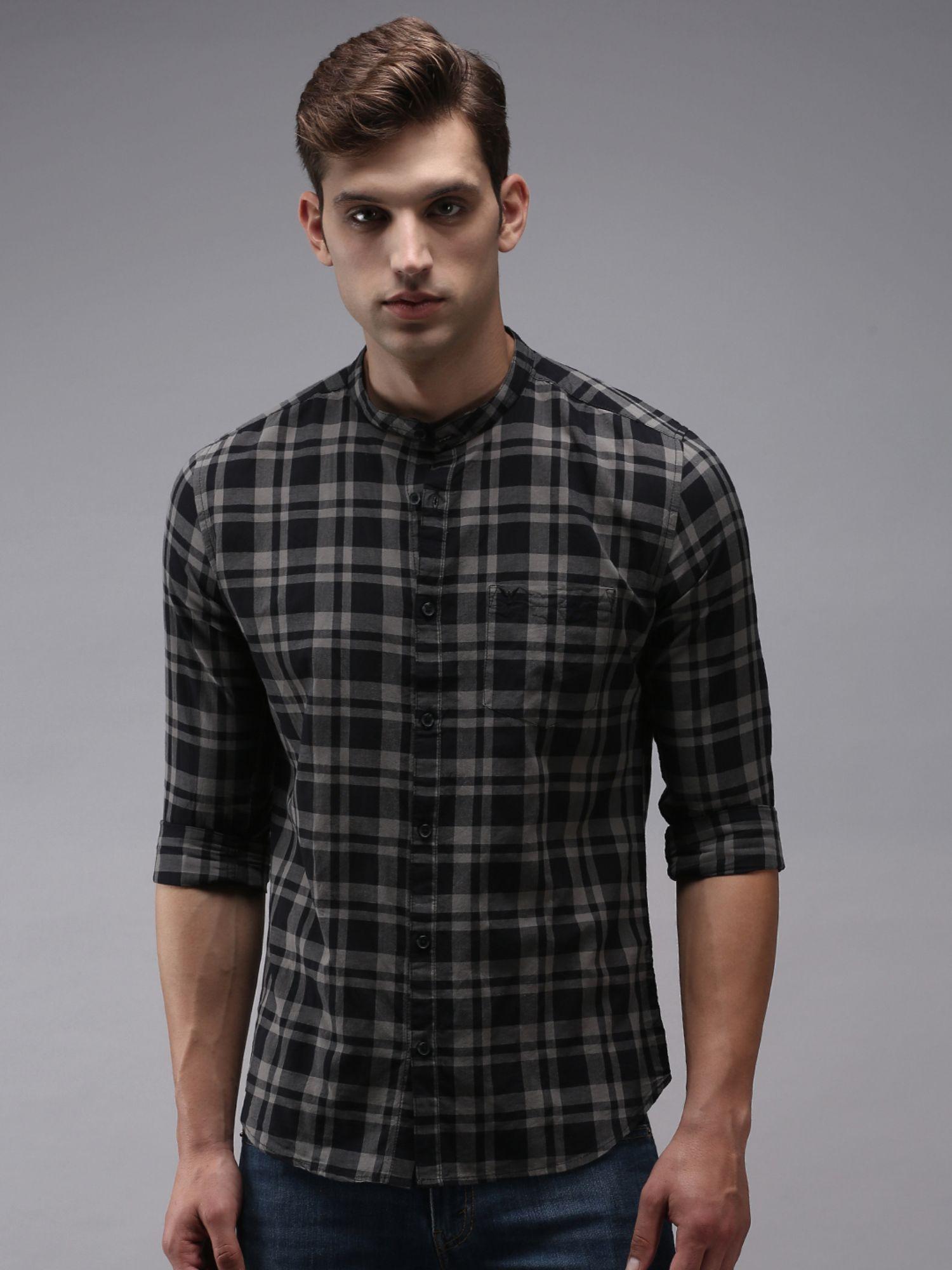 men black mandarin collar tartan checks classic fit shirt