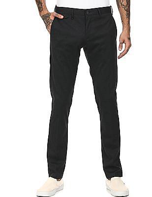 men black mid rise flat front striped casual trousers