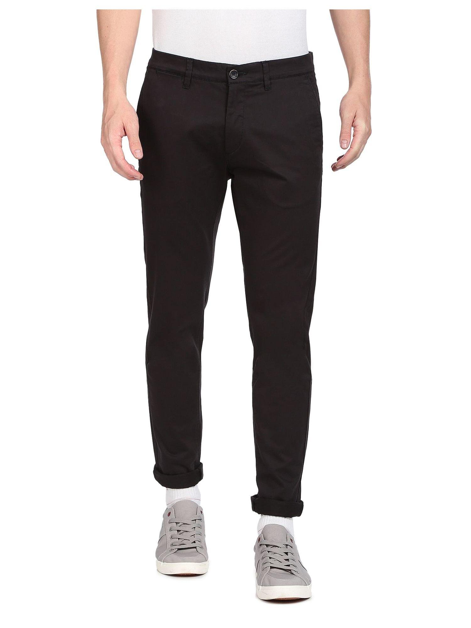 men black mid rise solid casual trousers