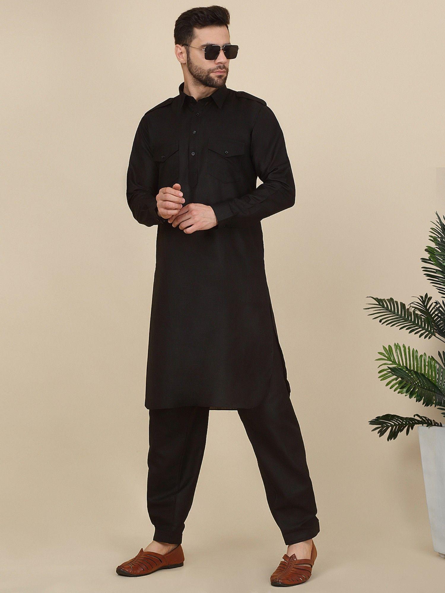 men black pathani kurta with salwar (set of 2)