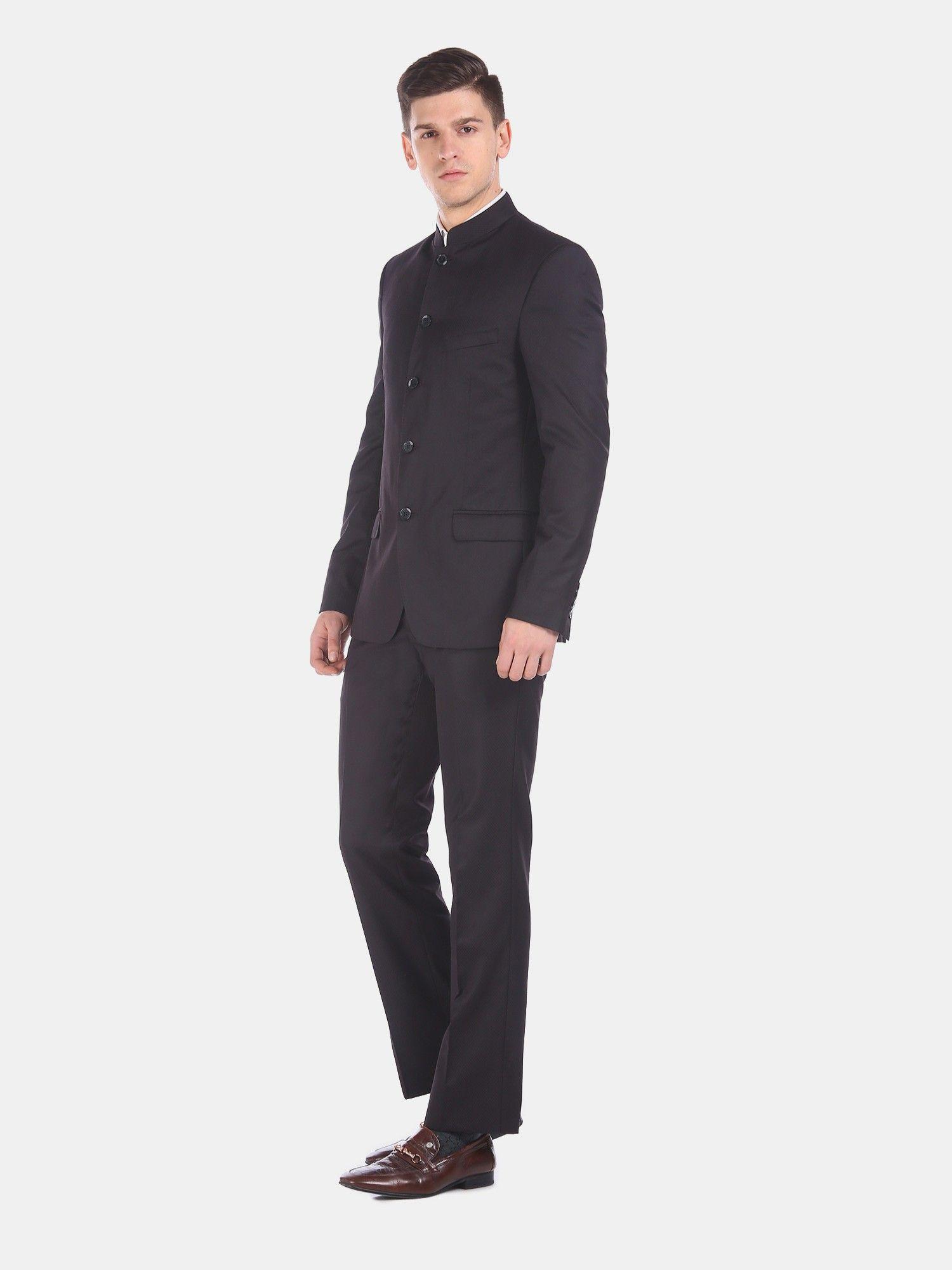 men black patterned single breasted bandhgala suit