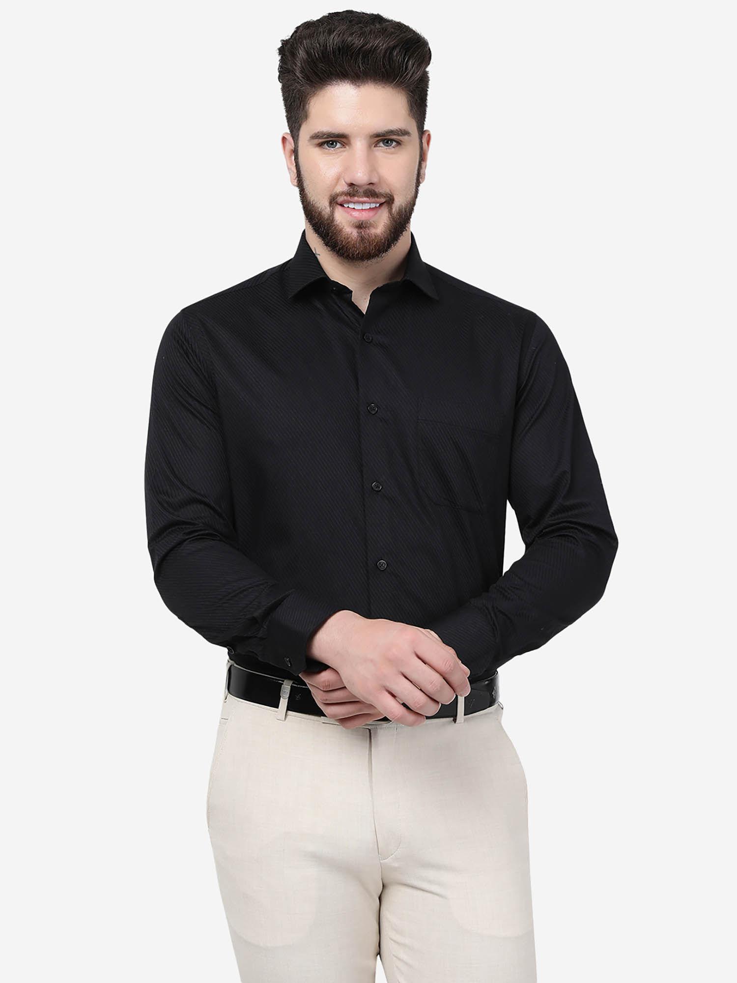 men black poly viscose slim fit striped formal shirt