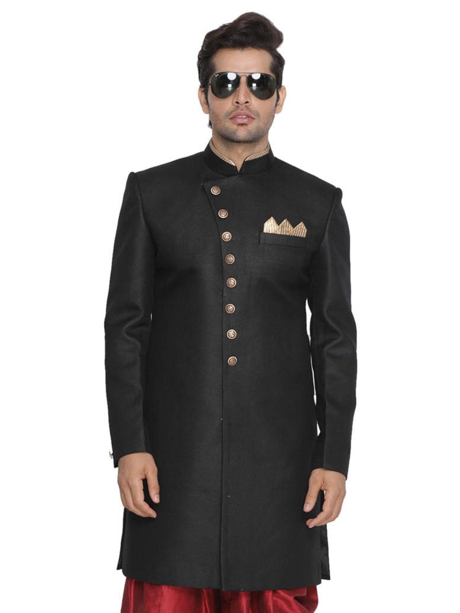 men black polyester lurex blend sherwani only top