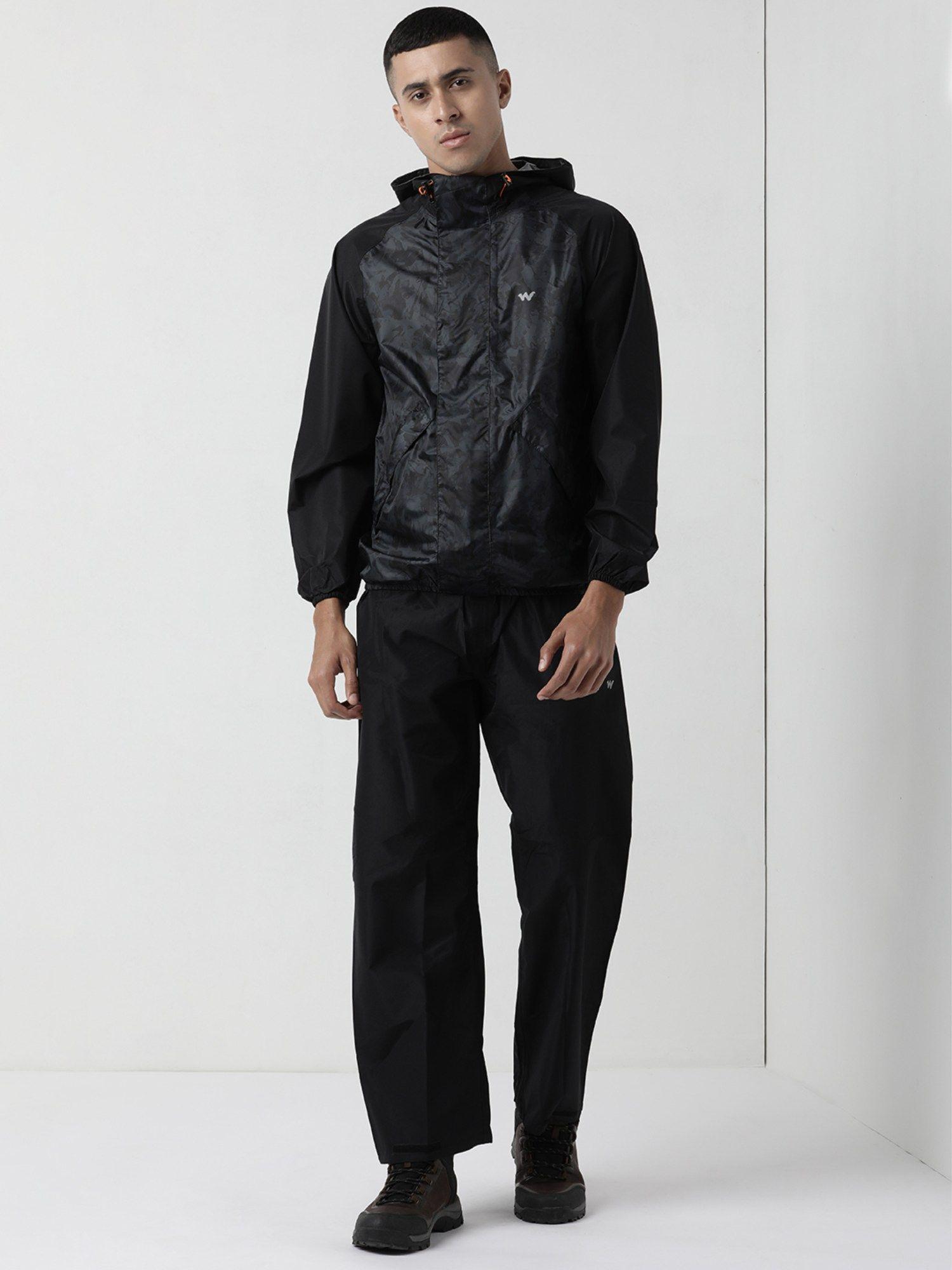 men black polyester print rain jacket with pant (set of 2)