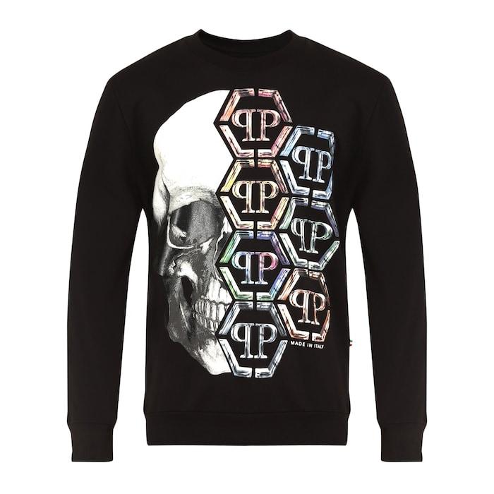 men black pp hexagon skull print sweatshirt
